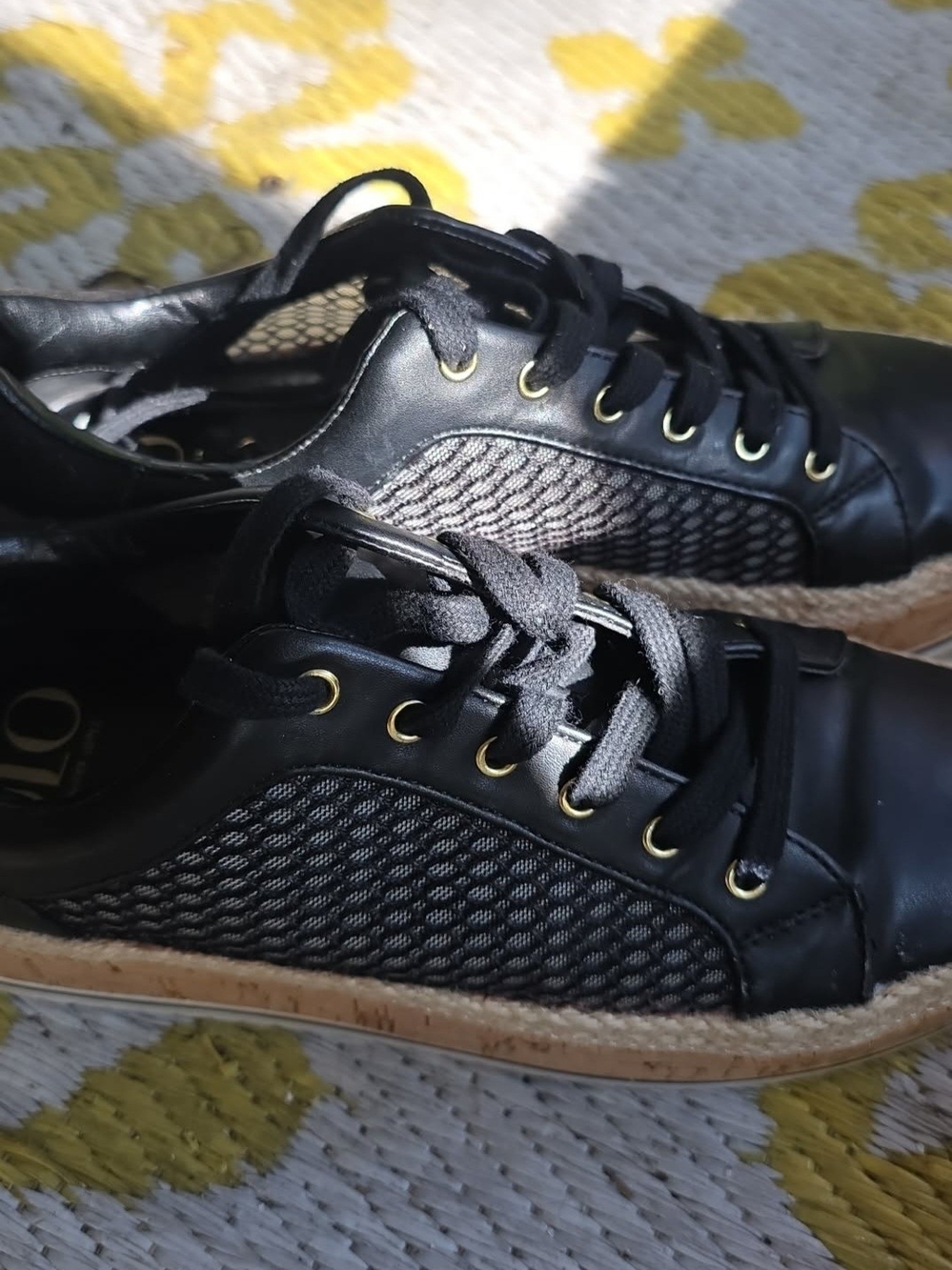 Jennifer Lopez Black Mesh Lace-Up Sneakers with Natural Espadrille‎ Sole
